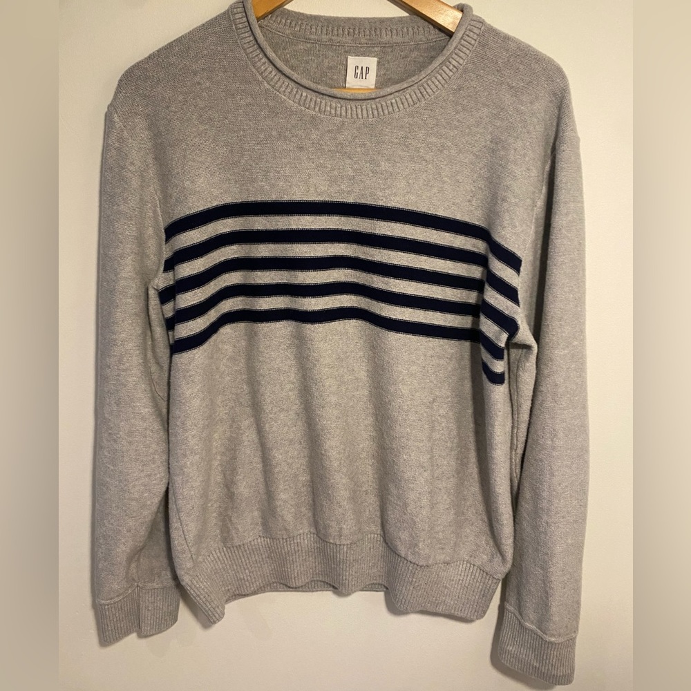GAP Gray and Navy Striped Crewneck Sweater